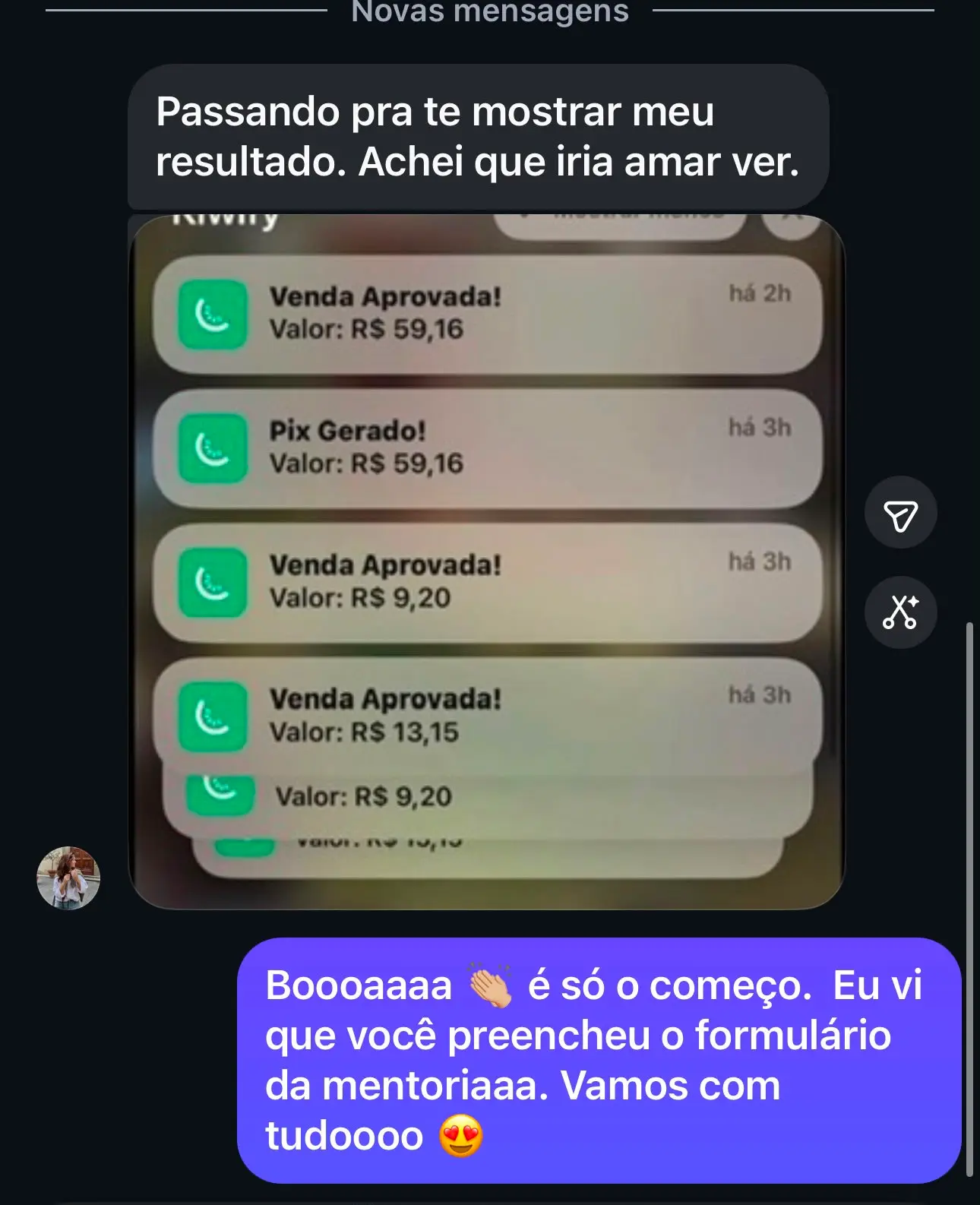 Aluna Geovana: vendas aprovadas no Kiwify