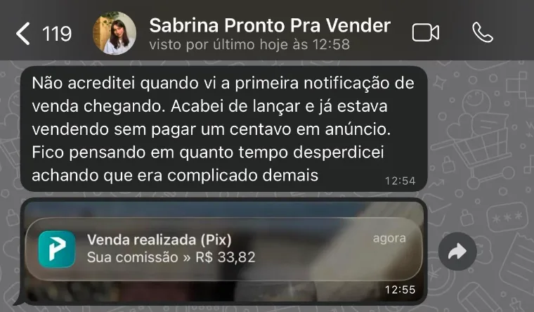 Print da Sabrina: primeira venda sem anúncio